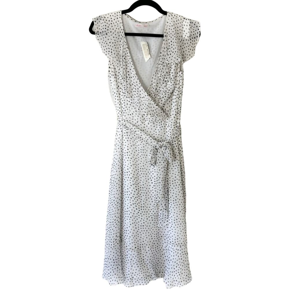 Vintage Betsey Johnson White Navy Blue Silk Polka Dot Faux Wrap Dress Size 8